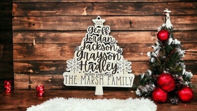 6 Inch Tall Family Tree Christmas Ornament: Customize your own family tree ornament with your kids, parents, and fur baby's names! - image1